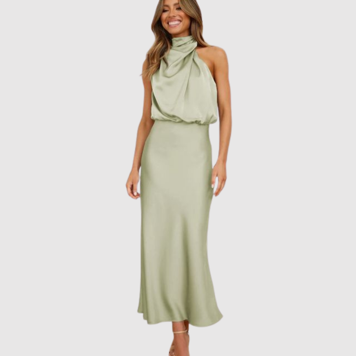 Лилия – Макси рокля от сатен с висока яка