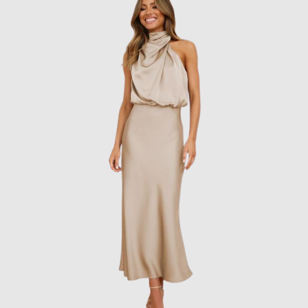 Лилия – Макси рокля от сатен с висока яка