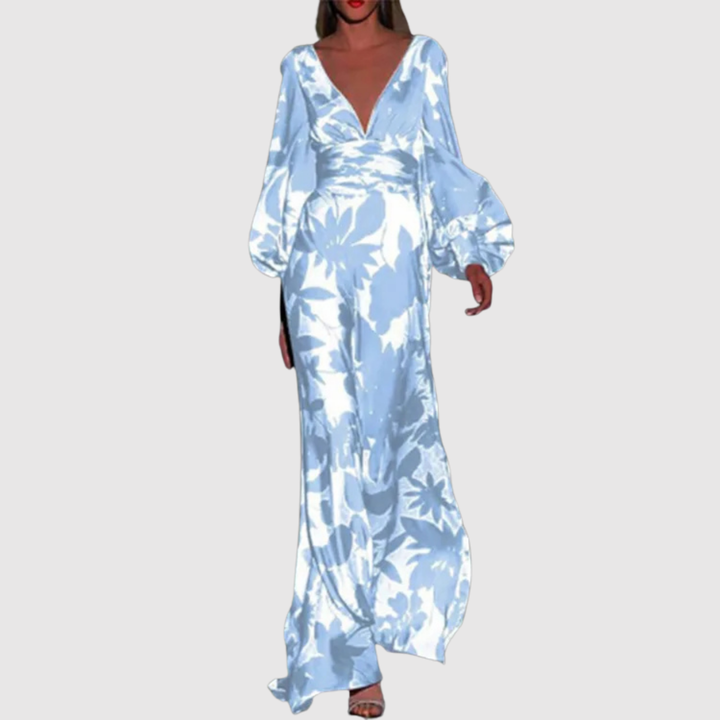 Лилия – Дълга рокля с тропически принт и дълбоко V-образно деколте