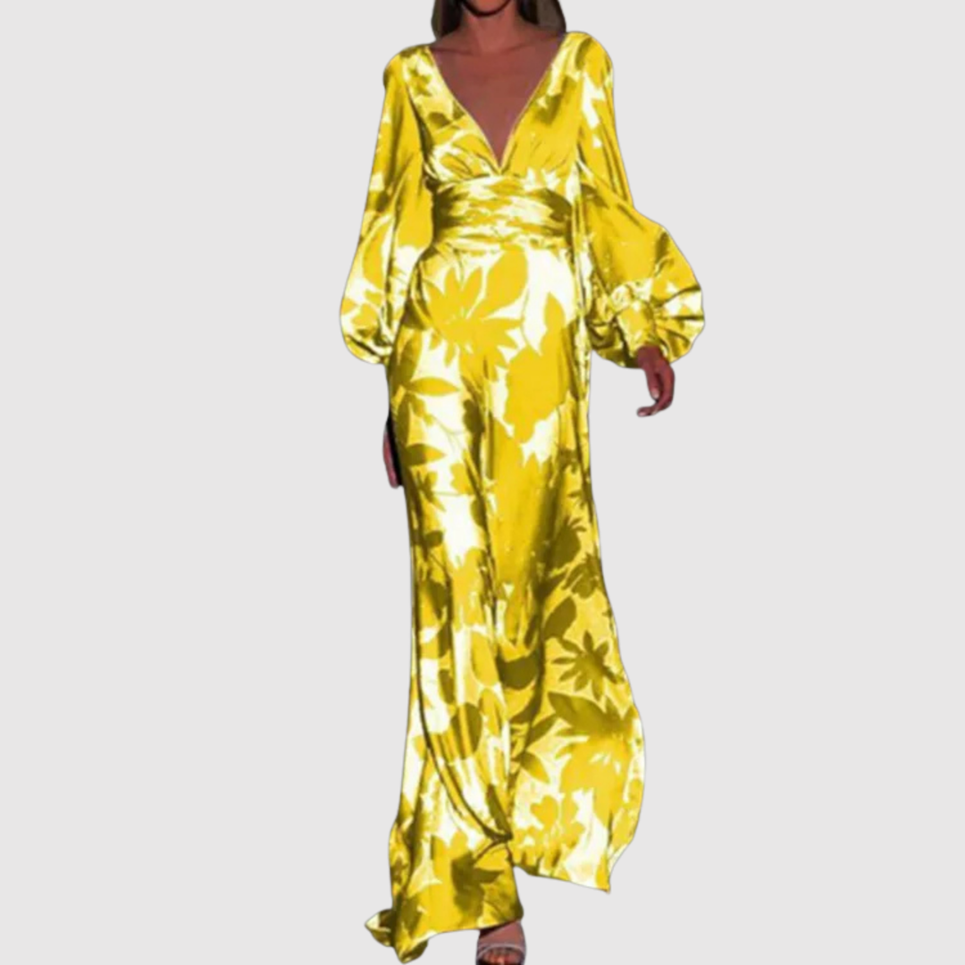 Лилия – Дълга рокля с тропически принт и дълбоко V-образно деколте