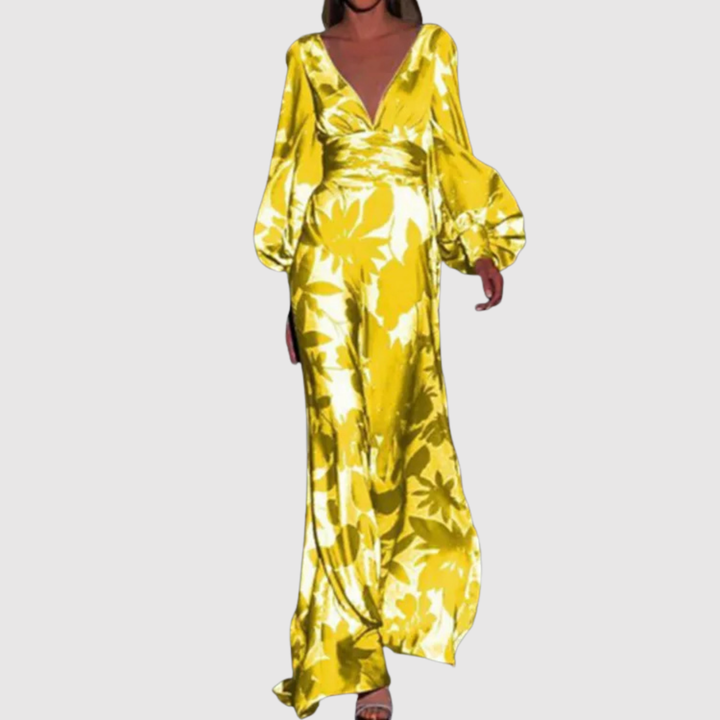 Лилия – Дълга рокля с тропически принт и дълбоко V-образно деколте