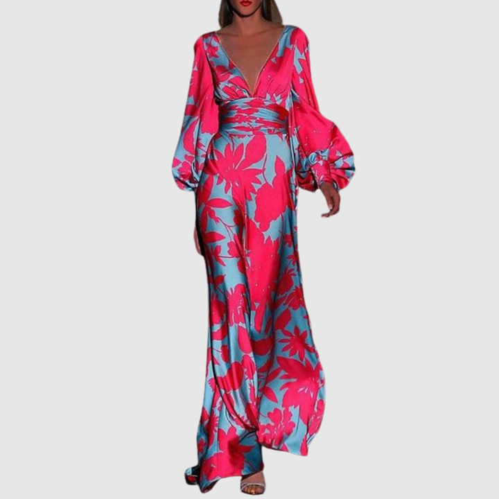 Лилия – Дълга рокля с тропически принт и дълбоко V-образно деколте