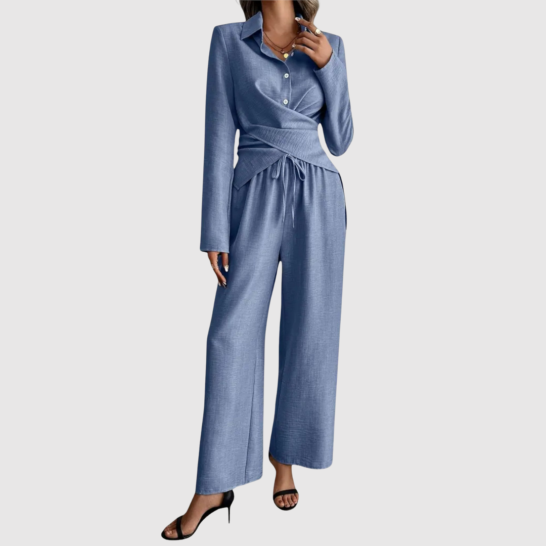 Виктория – Елегантен комплект с завързваща се блуза и панталони