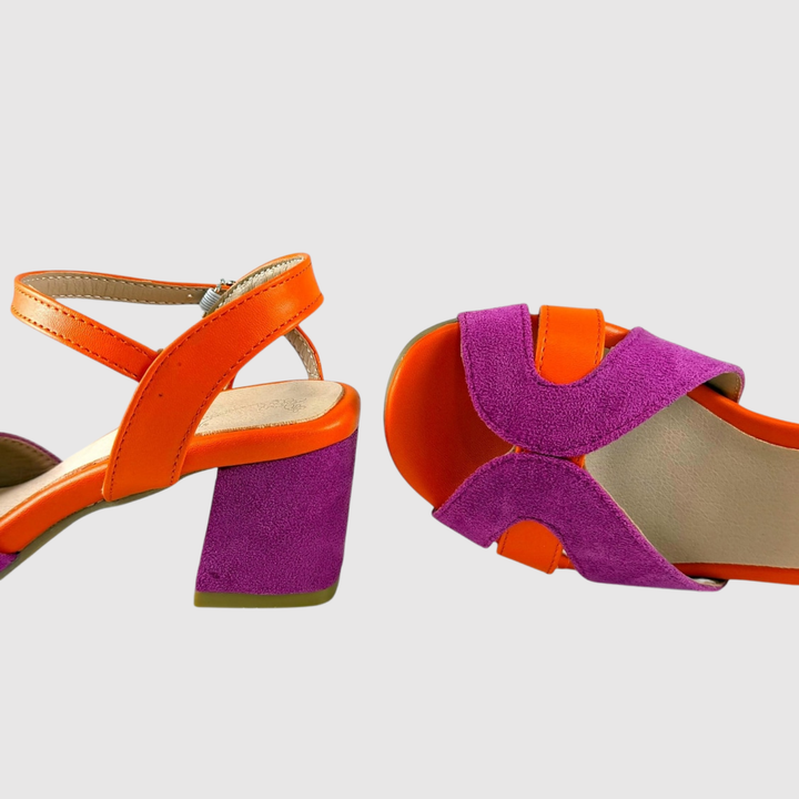 Теодора - Цветни блок-хилни сандали в розово и оранжево