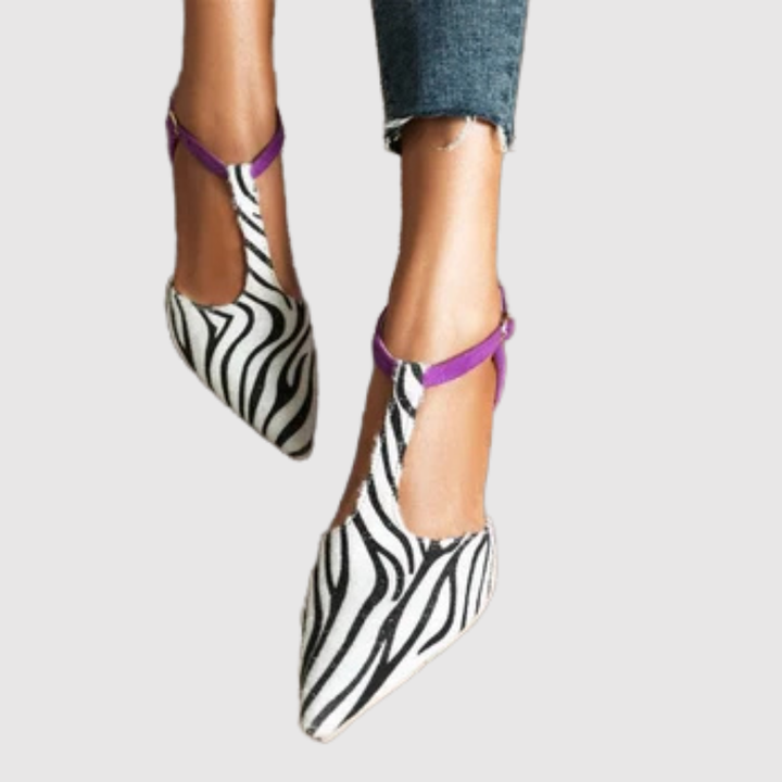 Теодора - Сандали с отворена пета и зебров принт с лилав ток
