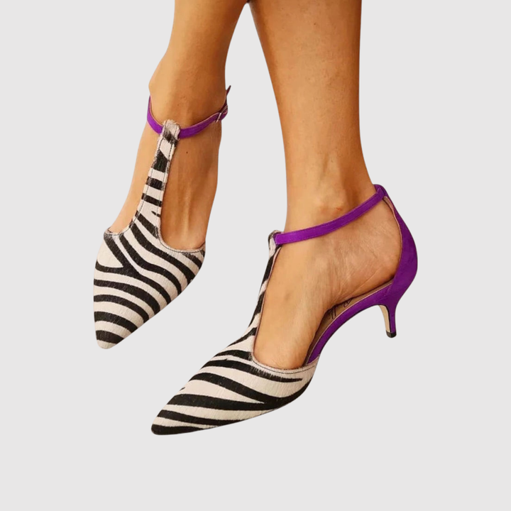 Теодора - Сандали с отворена пета и зебров принт с лилав ток