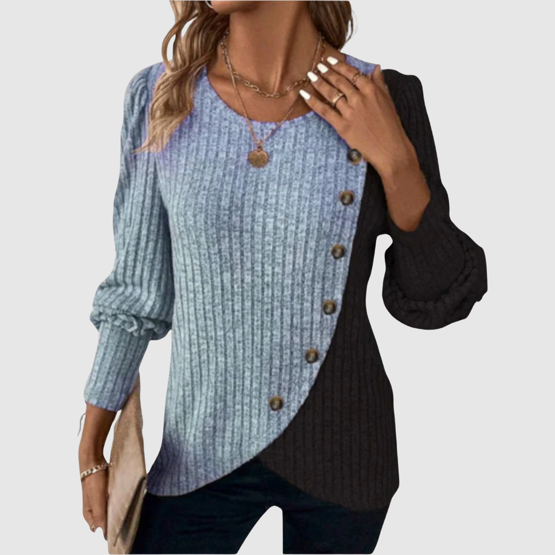 Клара – Пуловер с асиметричен цветен дизайн