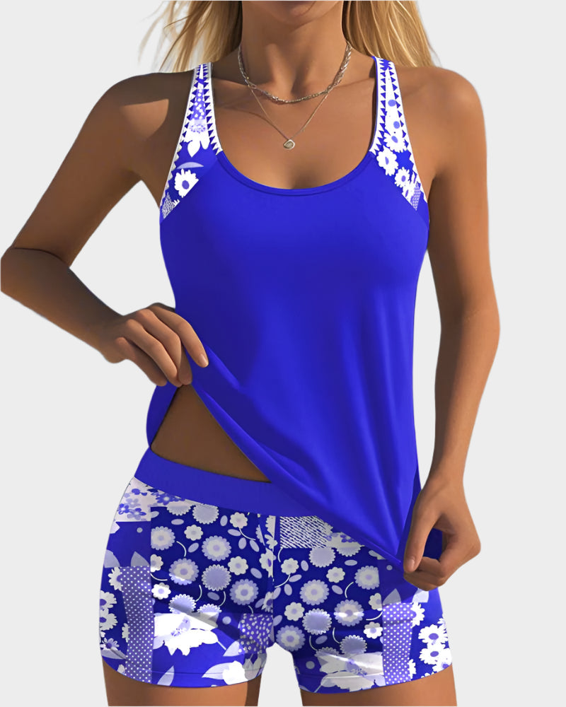 Ērts Divdaļīgs Peldkostīms ar Ziedu Rakstu