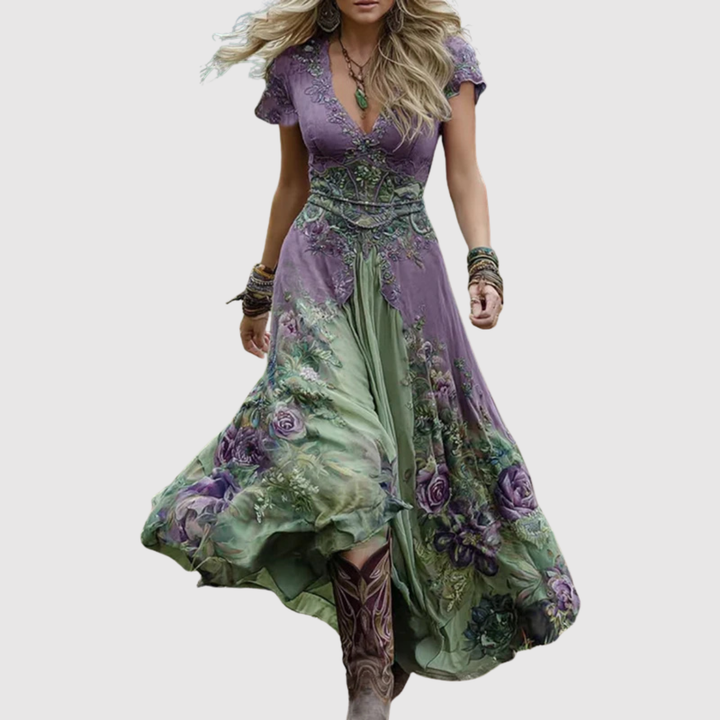 Лилия - Бохемска макси рокля с бродерия и лек текстил