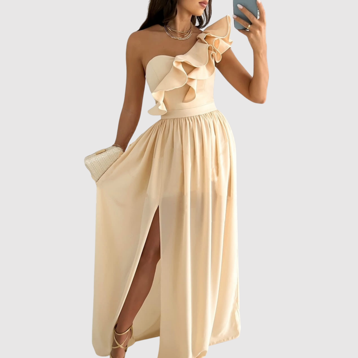 Лилия – Дълга рокля с панделка и висок разрез