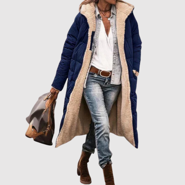 Елена – Дълго полустретно яке с пухено вътрешно покритие