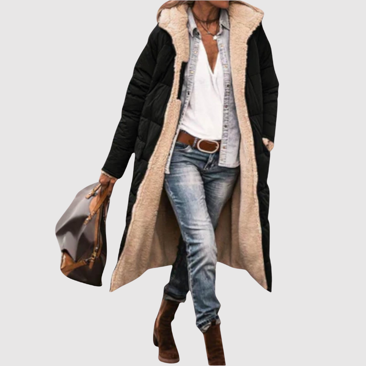 Елена – Дълго полустретно яке с пухено вътрешно покритие