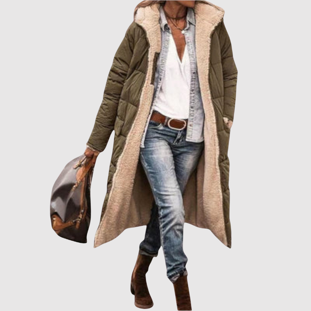 Елена – Дълго полустретно яке с пухено вътрешно покритие