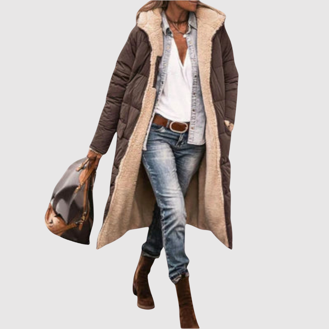 Елена – Дълго полустретно яке с пухено вътрешно покритие