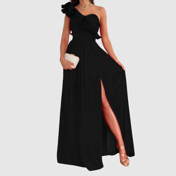 Лилия – Дълга рокля с панделка и висок разрез