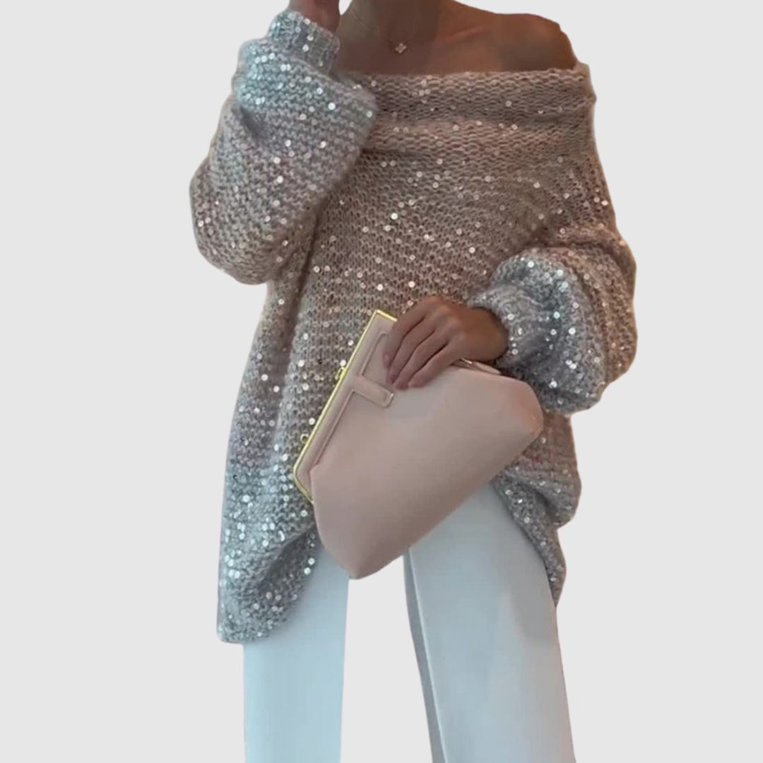 Клара – Блестящ пуловер с открито рамо