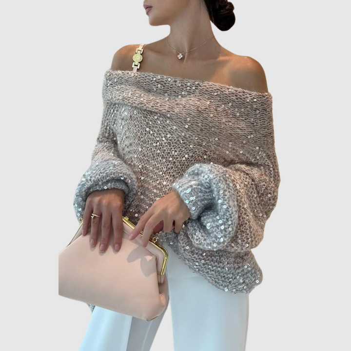 Клара – Блестящ пуловер с открито рамо