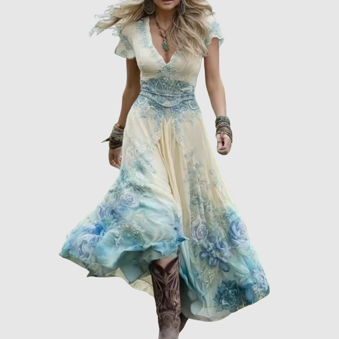 Лилия - Бохемска макси рокля с бродерия и лек текстил