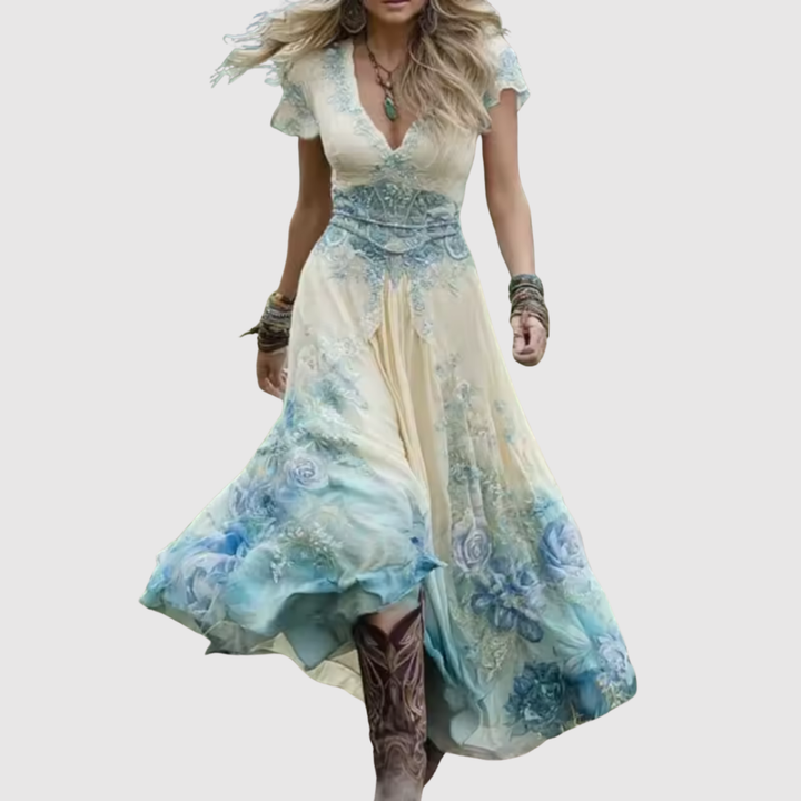 Лилия - Бохемска макси рокля с бродерия и лек текстил