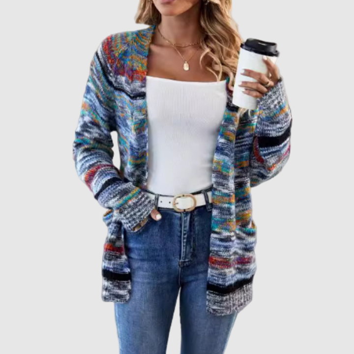 Елена – Плетен кардиган с многоцветен десен