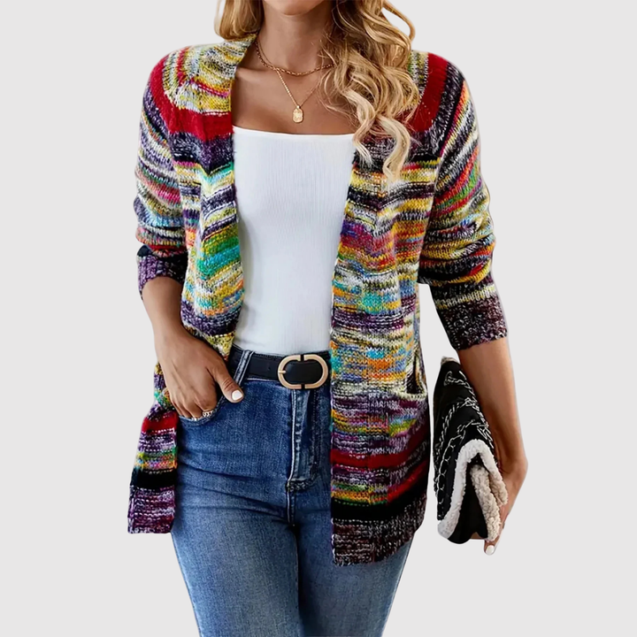 Елена – Плетен кардиган с многоцветен десен