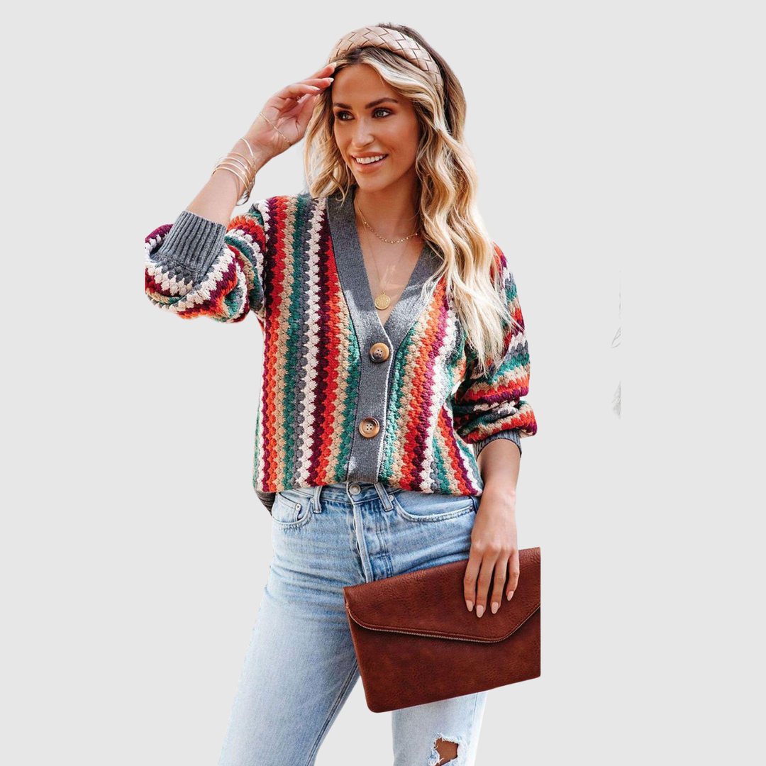 Елена – Цветен плетен кардиган с копчета