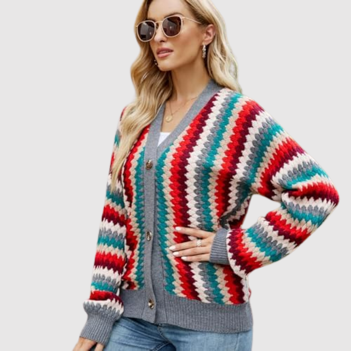 Елена – Цветен плетен кардиган с копчета