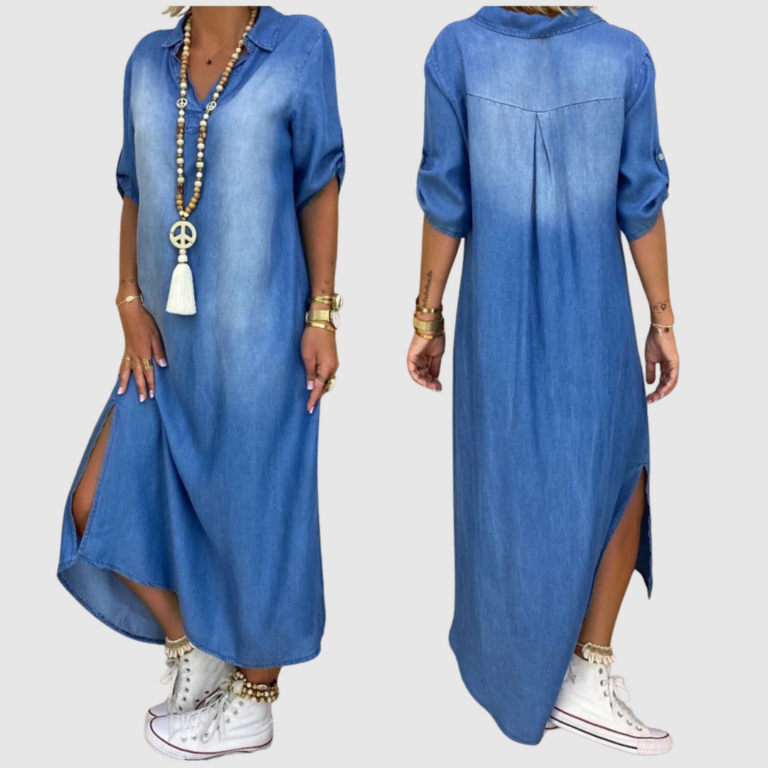 Лилия - Дълга дънкова рокля с цепка отстрани