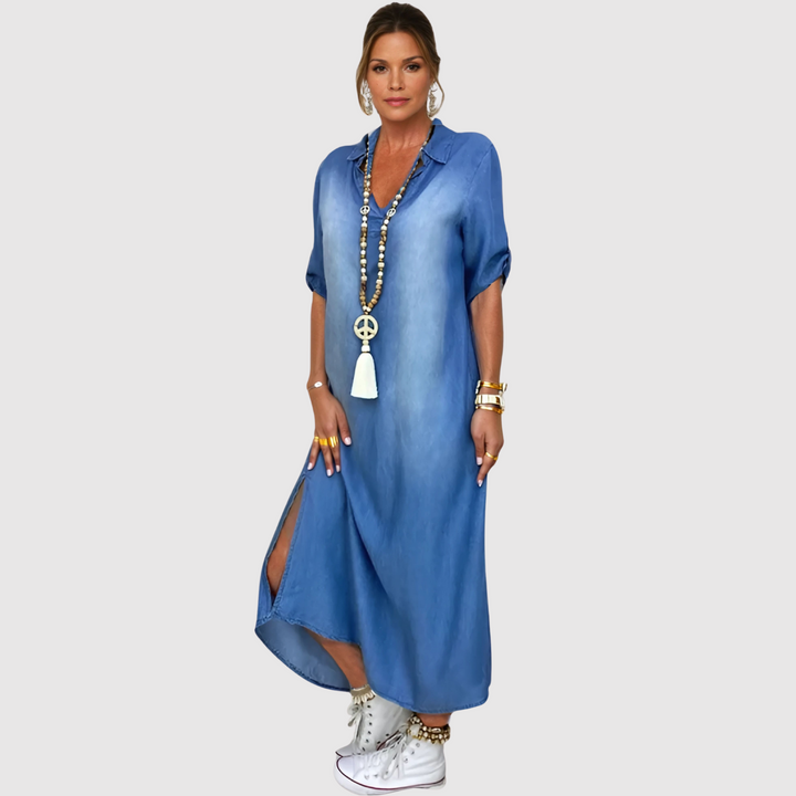 Лилия - Дълга дънкова рокля с цепка отстрани