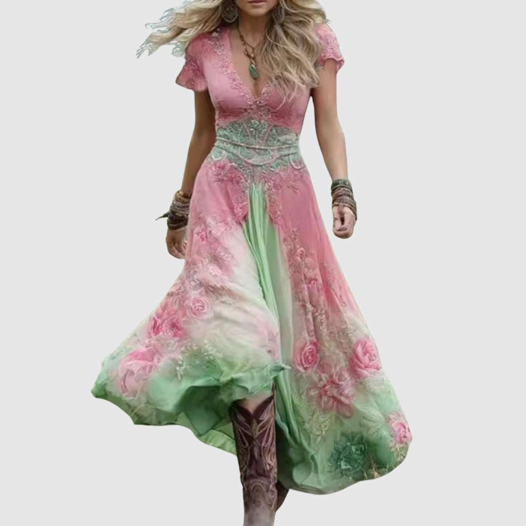 Лилия - Бохемска макси рокля с бродерия и лек текстил