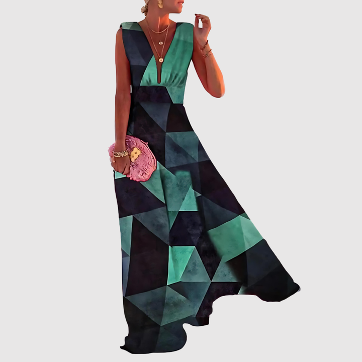 Лилия – Дълга рокля с V-образно деколте и принт