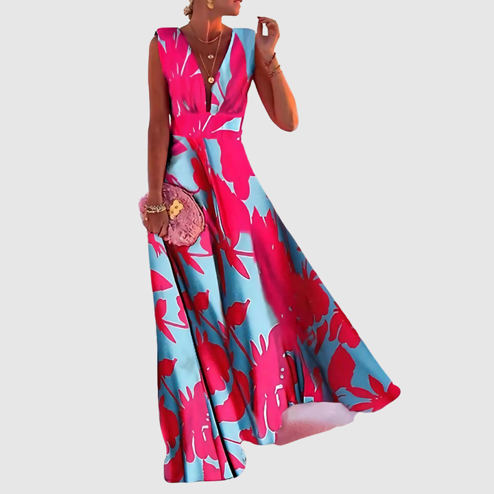 Лилия – Дълга рокля с V-образно деколте и принт