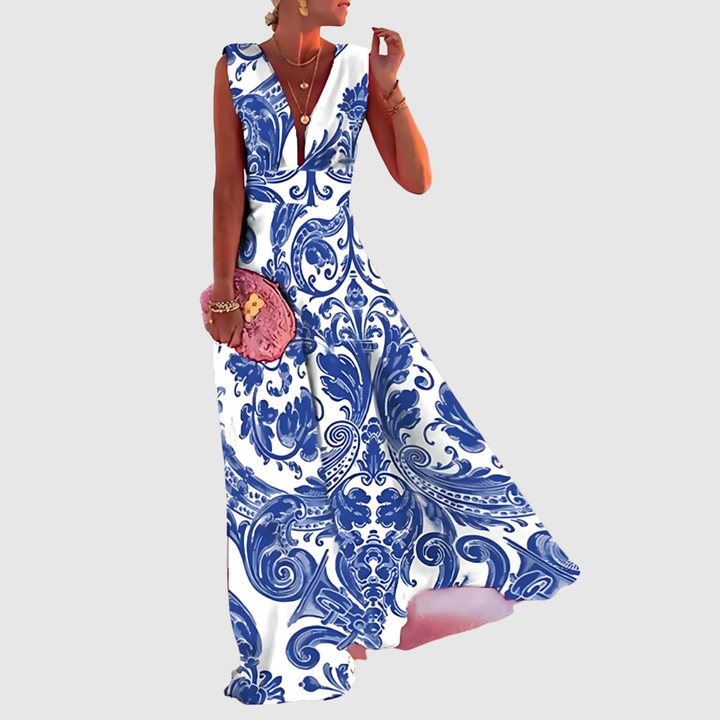 Лилия – Дълга рокля с V-образно деколте и принт