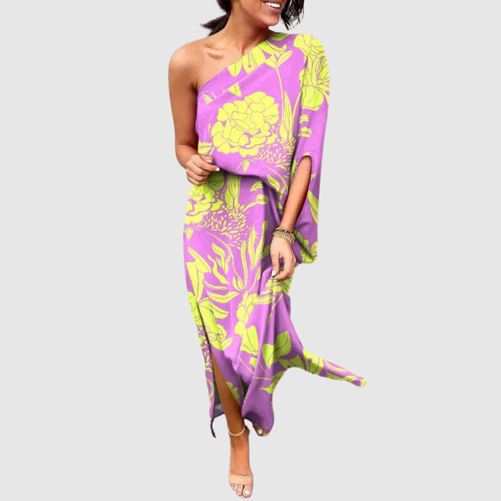 Лилия – Рокля с асиметричен крой и цветен десен