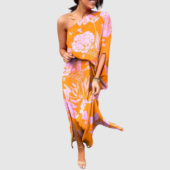 Лилия – Рокля с асиметричен крой и цветен десен