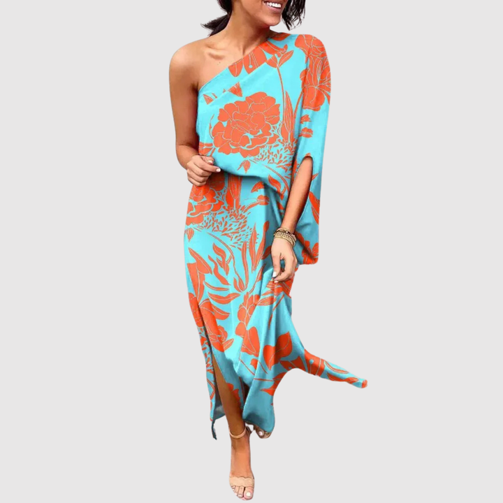 Лилия – Рокля с асиметричен крой и цветен десен