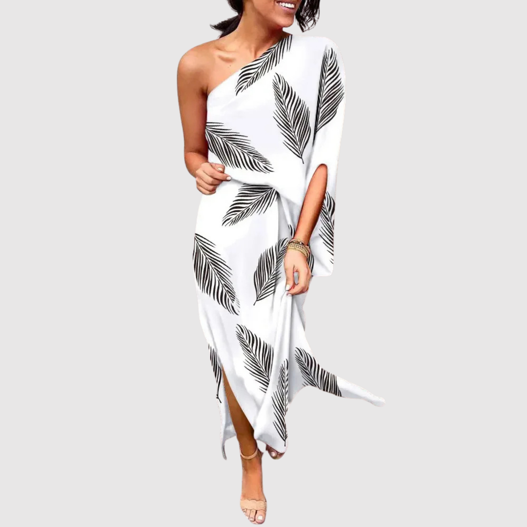 Лилия – Рокля с асиметричен крой и цветен десен