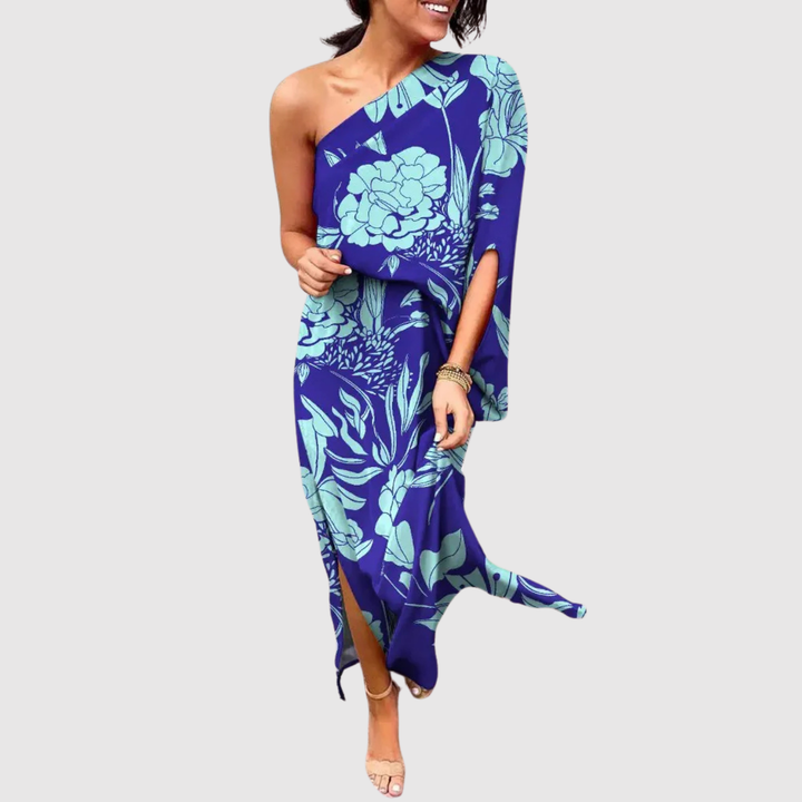 Лилия – Рокля с асиметричен крой и цветен десен