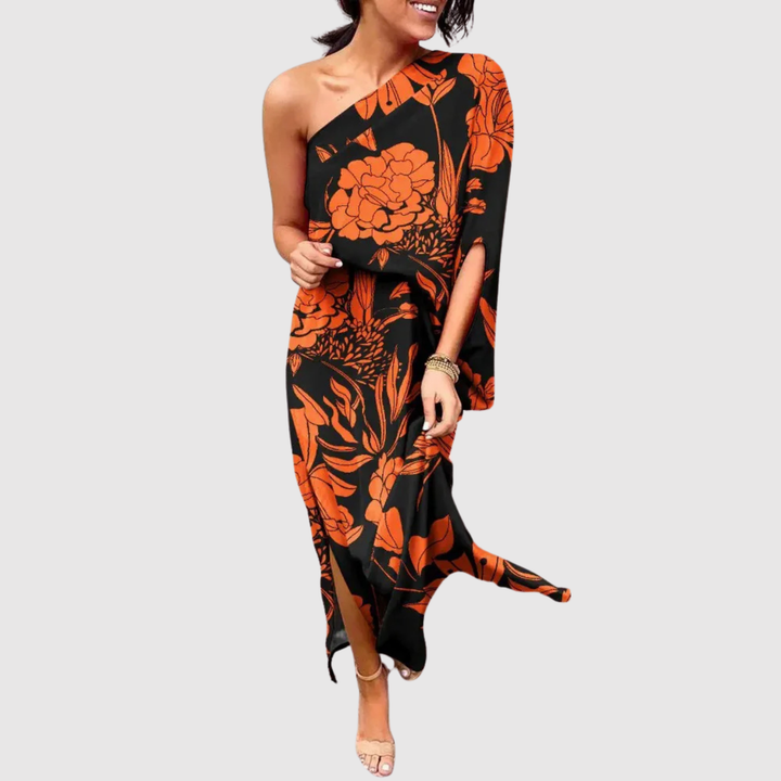 Лилия – Рокля с асиметричен крой и цветен десен