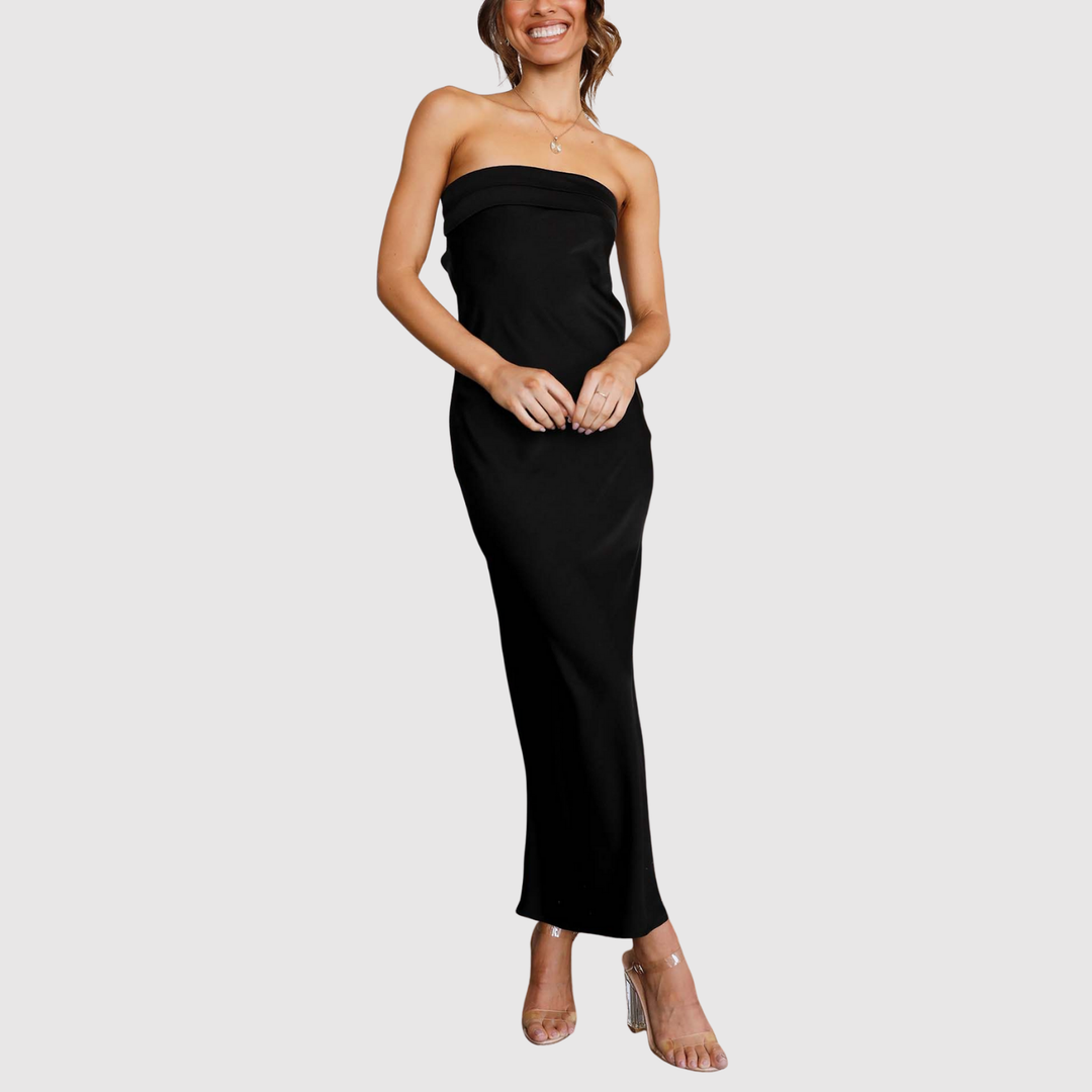 Лилия – Без презрамки дълга рокля с сатенен вид