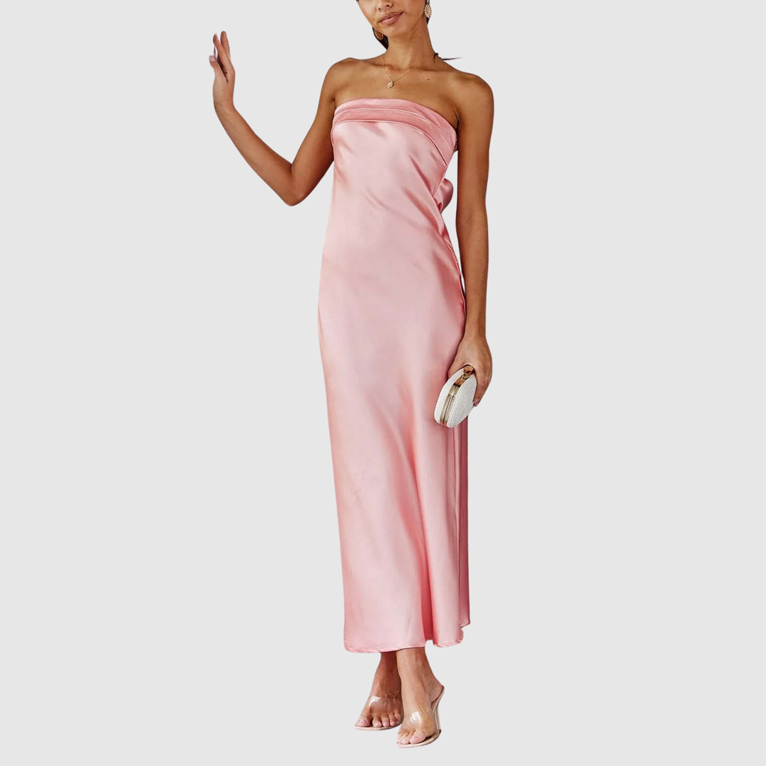 Лилия – Без презрамки дълга рокля с сатенен вид