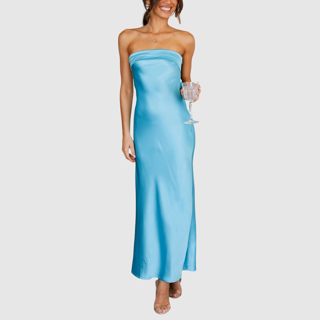 Лилия – Без презрамки дълга рокля с сатенен вид