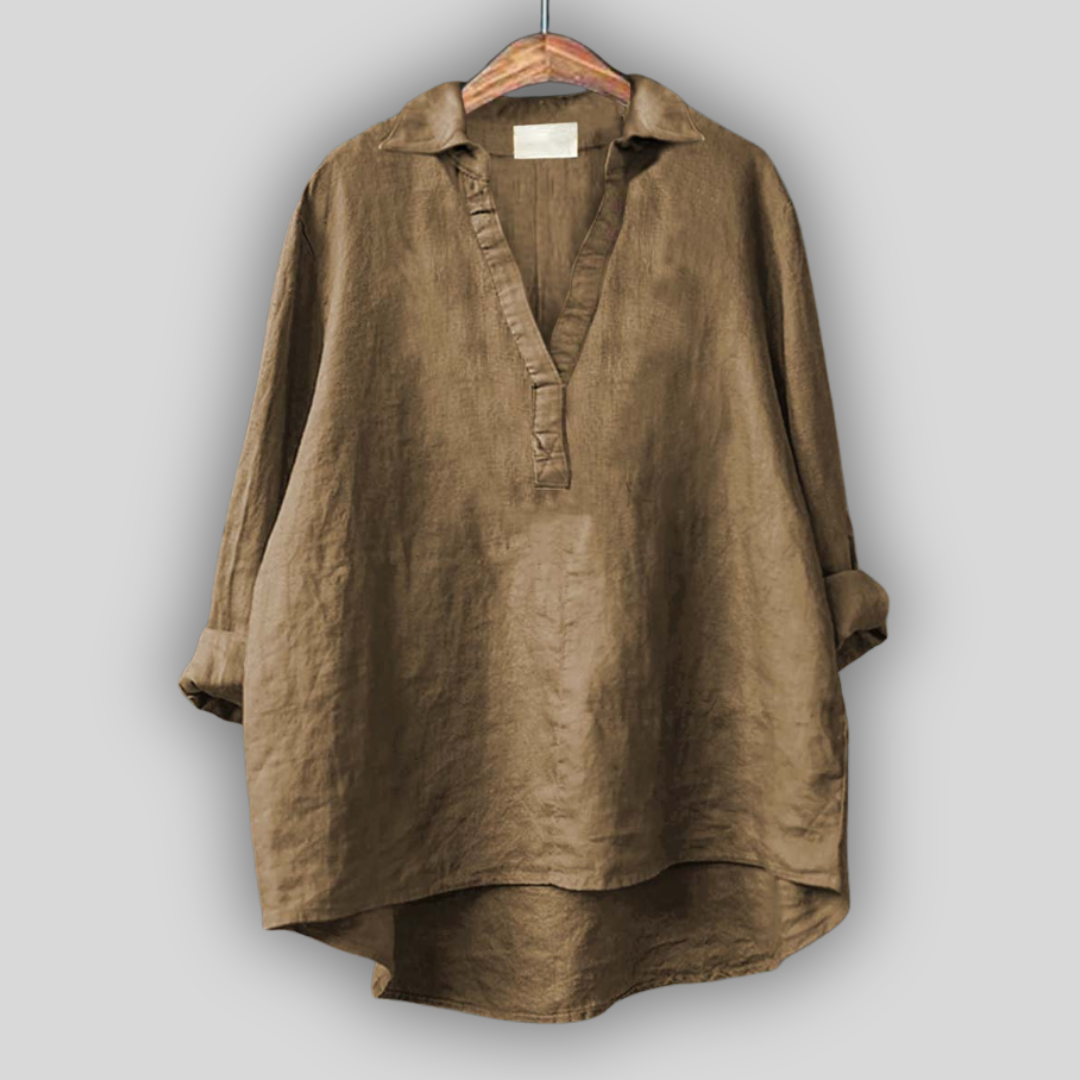 Balta lina blūze ar V veida izgriezumu