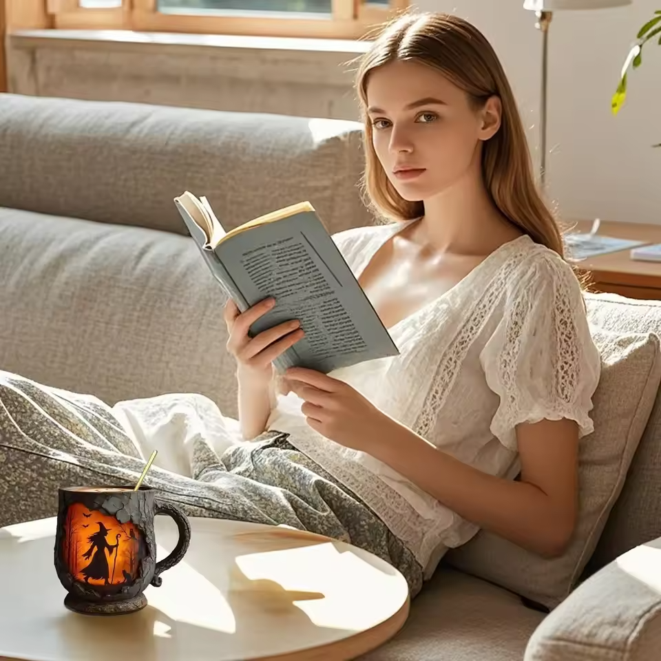 Χειροποίητη 3D Κούπα Χαλοουίν – Με Σχέδιο Μάγισσας και Γάτας