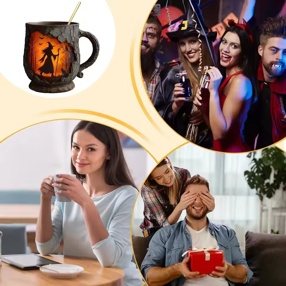 Χειροποίητη 3D Κούπα Χαλοουίν – Με Σχέδιο Μάγισσας και Γάτας