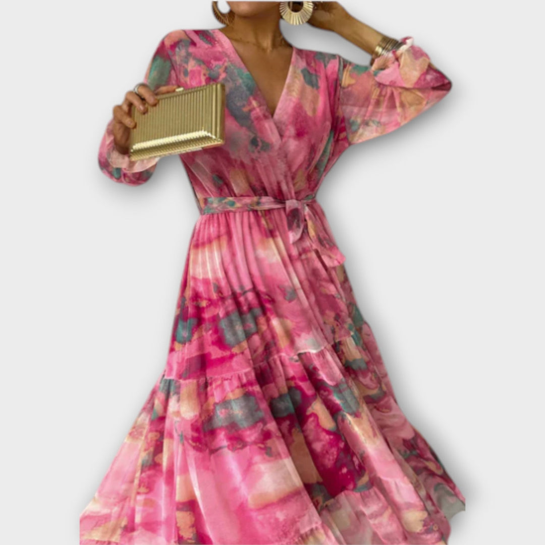 Лилия - Елегантна дълга рокля с акварелен принт "Sueño"