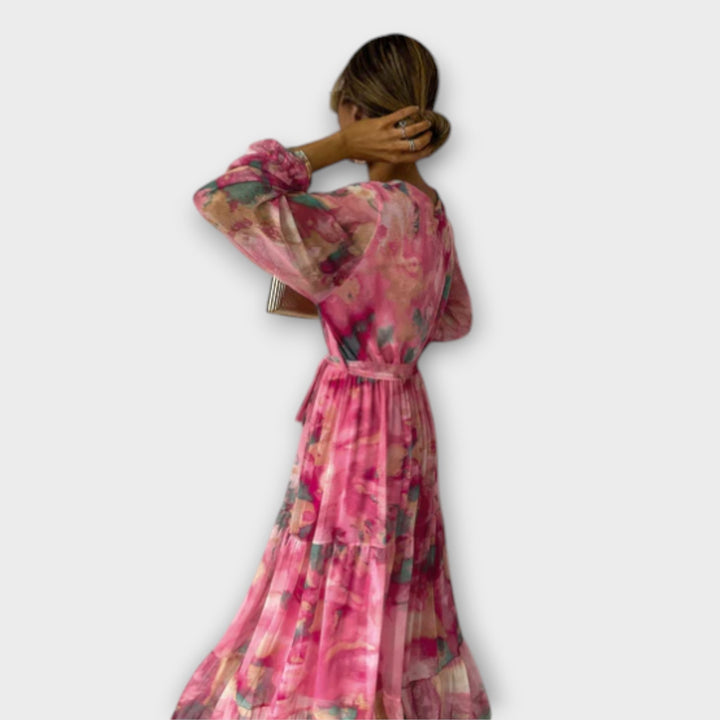 Лилия - Елегантна дълга рокля с акварелен принт "Sueño"