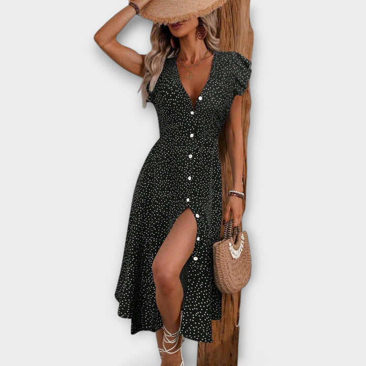 Лилия - Елегантна миди рокля с полка точки